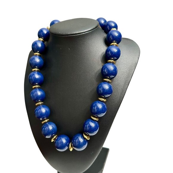Naper Necklace Jewlery Statement 19" Single Strand Blue Beads Gold Tone Vintage - Picture 5 of 6